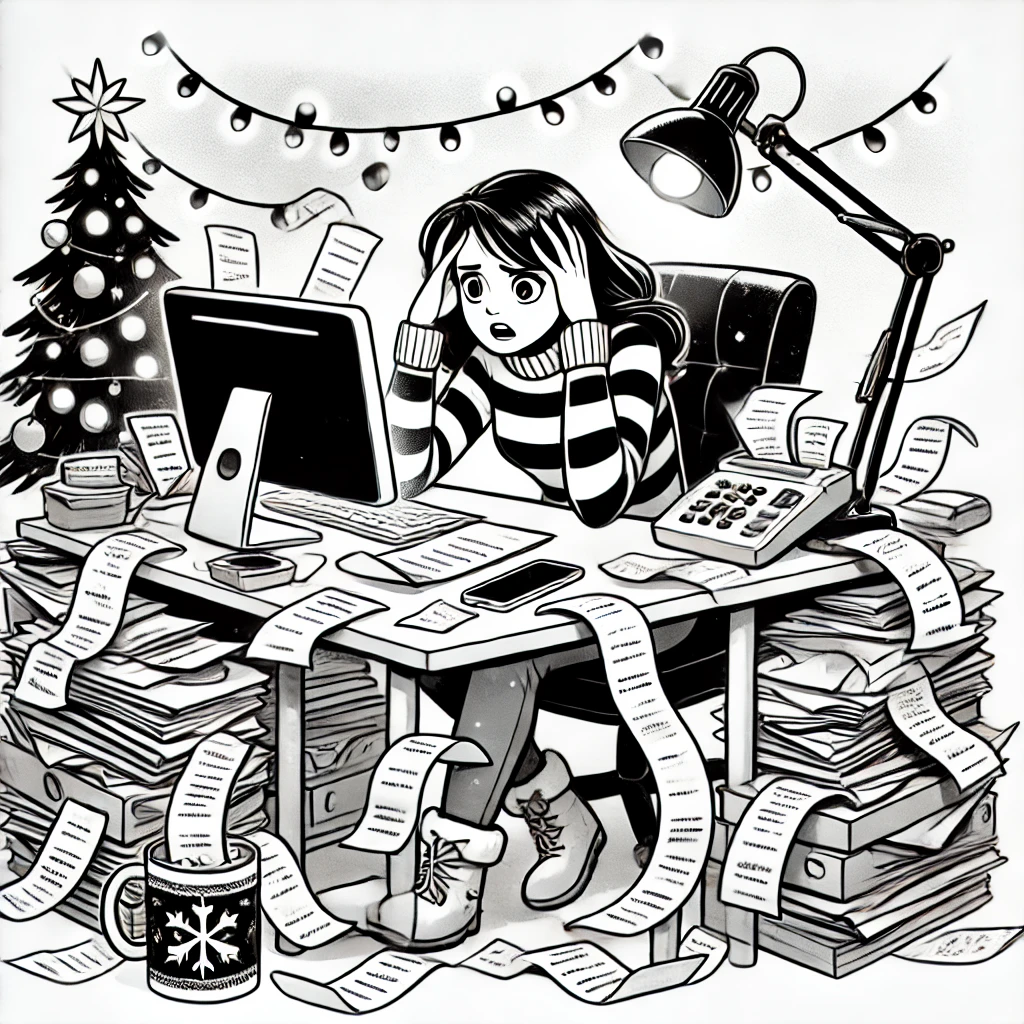 Tamara stressed at a cluttered desk, surrounded by invoices and receipts, struggling with expense reports before the holidays.